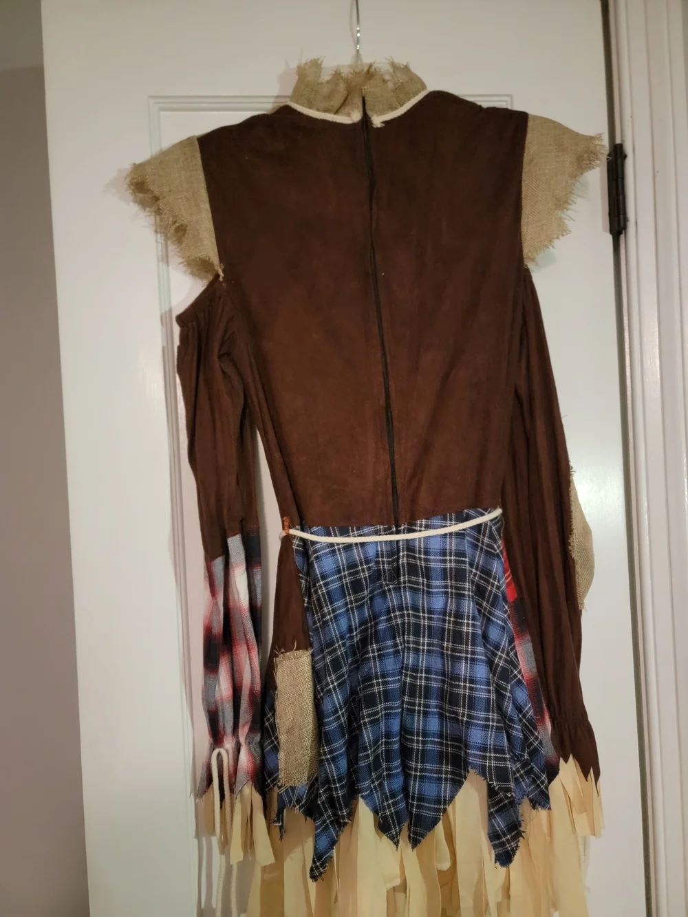 Girls Scarecrow Costume with Patchwork Skirt and Hat.